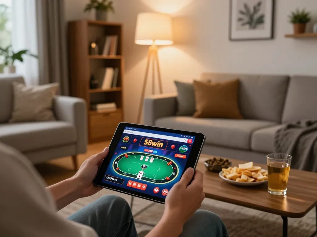 Player engaging with 58win casino app on tablet at home, enjoying a poker game.