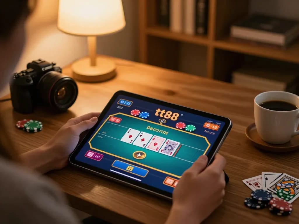 Engaging user plays tt88 online casino games on a tablet, showcasing vibrant poker gameplay.
