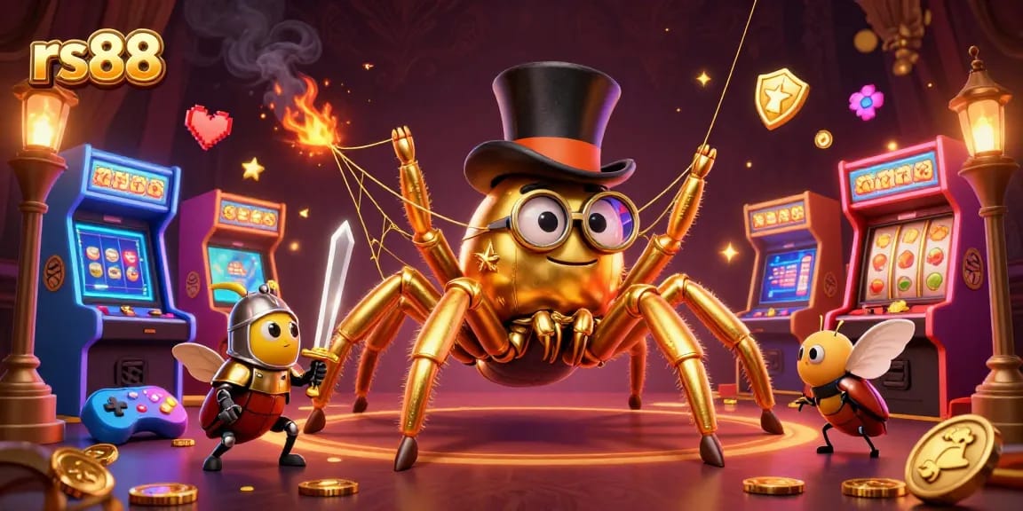 Generate excitement at the rs88 casino with a vibrant 3D scene showcasing an enchanted tarantula and brave beetle knight among slot machines.