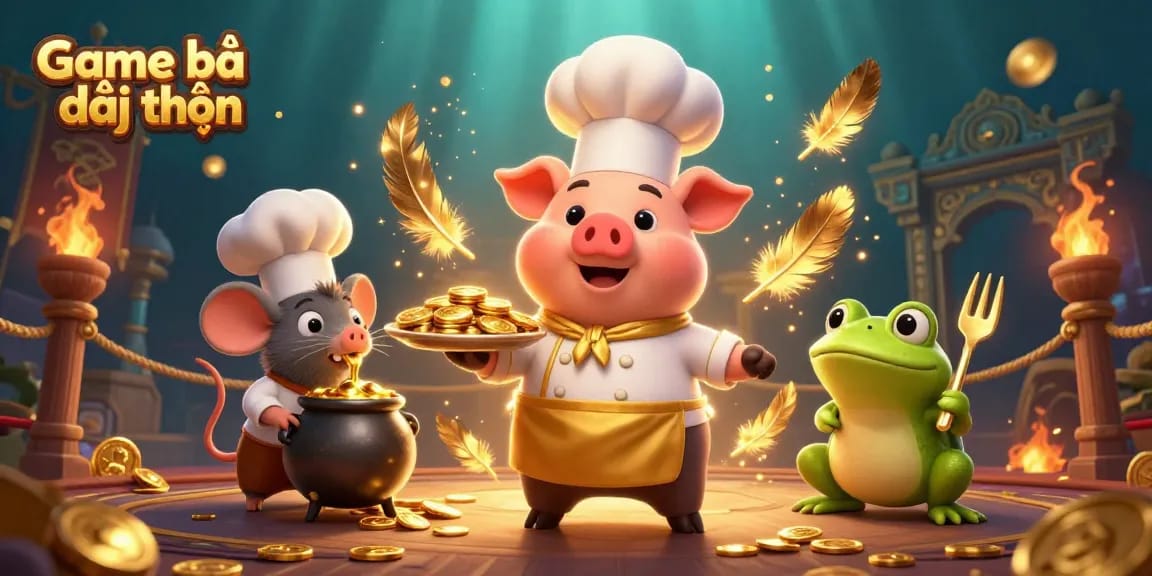 Experience thrilling action with Game bài đổi thưởng featuring a pig chef, gold coins, and immersive casino elements.