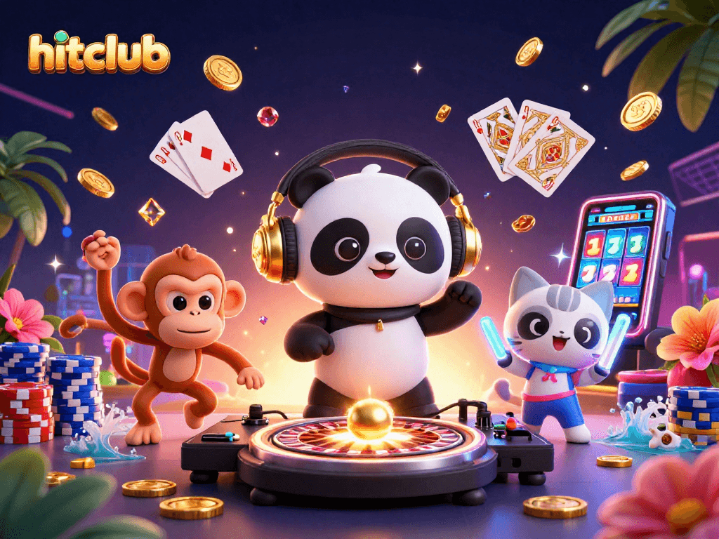 hitclub showcases a lively casino scene with a DJ panda, breakdancing monkey, and rave kitten amidst dynamic gaming elements.