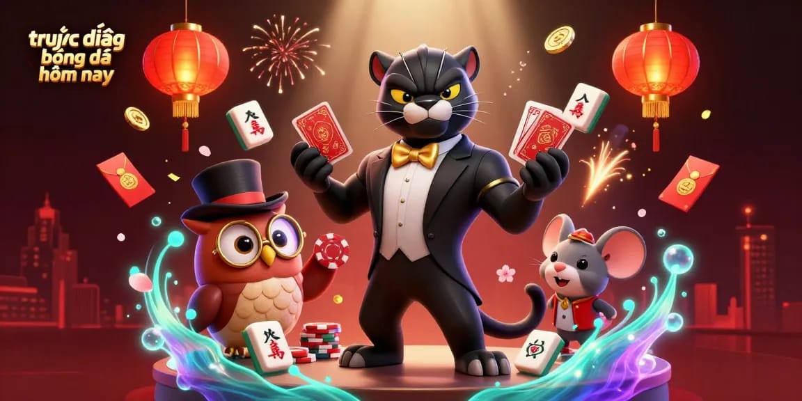 Experience the excitement of trực tiếp bóng đá hôm nay as playful characters bring gambling elements to life in a lively casino scene.