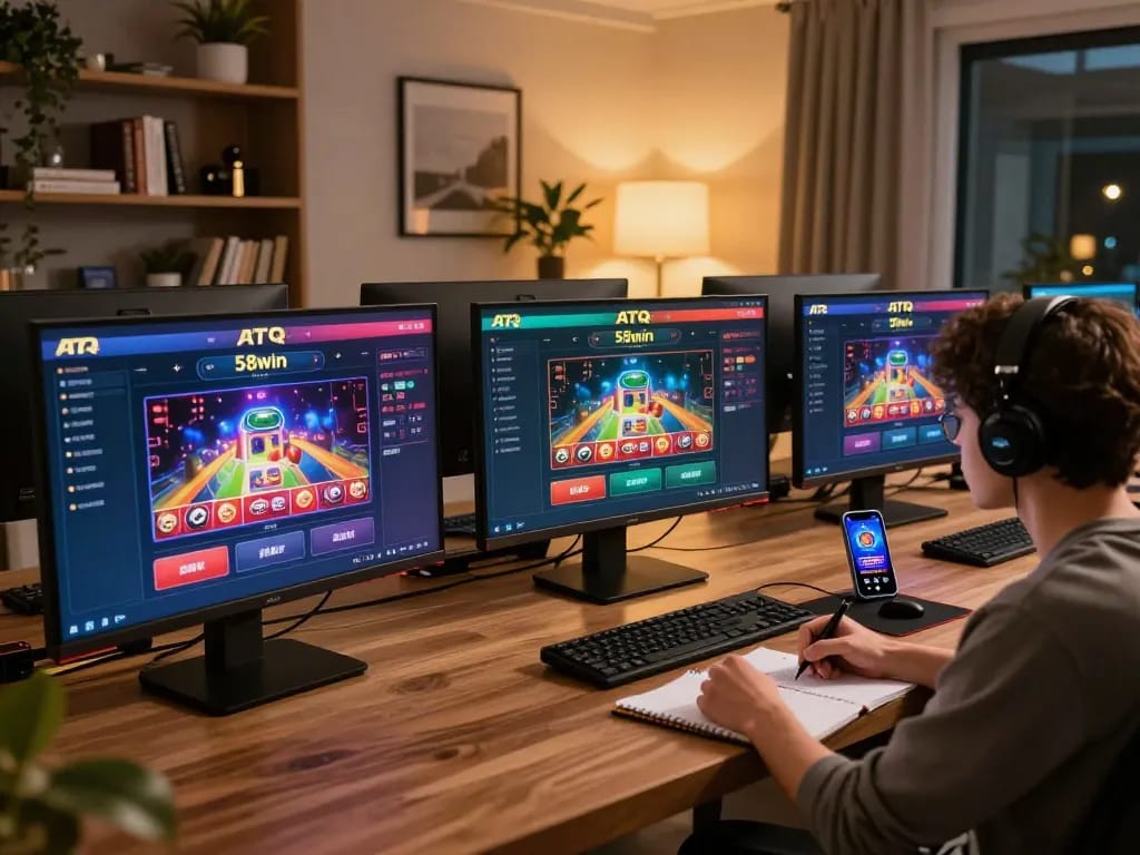 Engaging in online gaming with ATQ 58win at a cozy home setup, showcasing multiple screens and strategic notes.