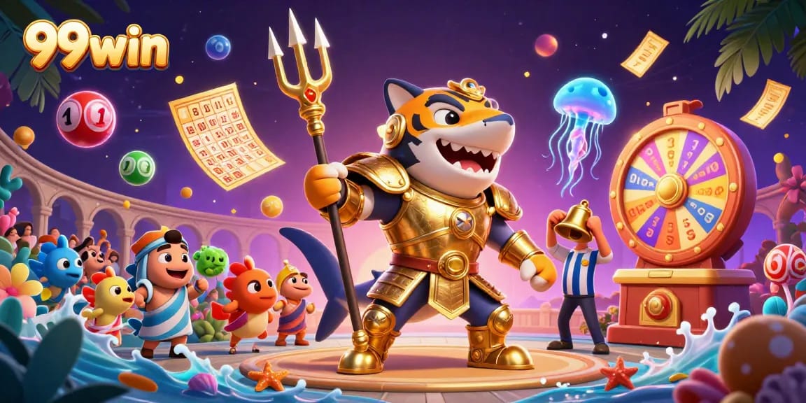 Experience 99win's thrilling lottery action with colorful elements and a dynamic underwater scene.