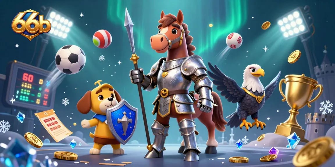 Engage with 66b as you bet, featuring a medieval knight and dynamic sports elements.