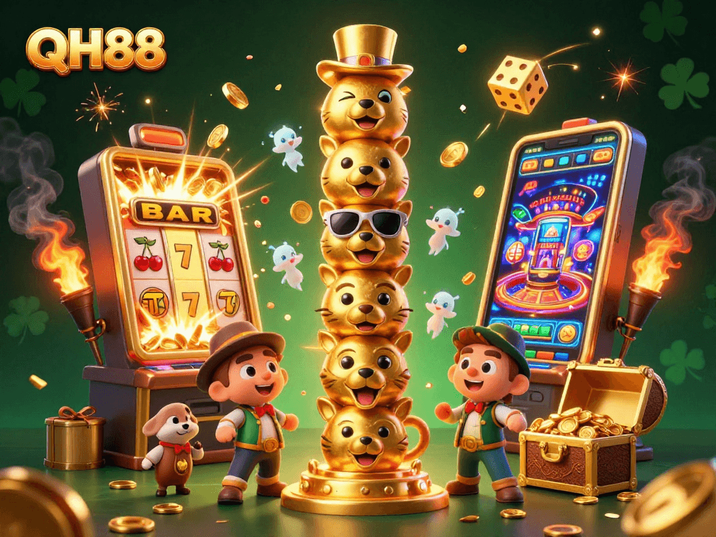 Experience the excitement of QH88 with a vibrant 3D casino-themed explosion of games and prizes.
