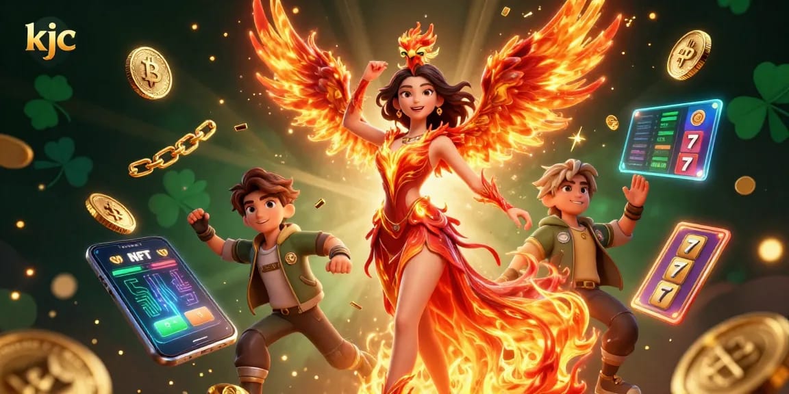 KJC offers exciting gaming experiences, showcasing a stunning Asian woman in a fiery gown, surrounded by vibrant gaming elements.