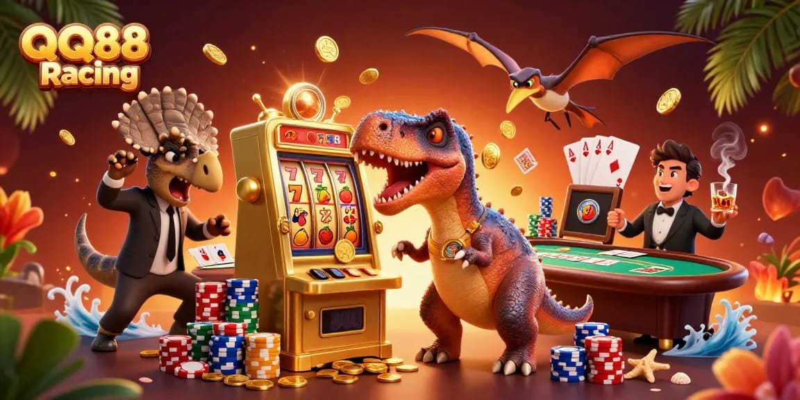 Experience QQ88 Racing thrills with a dinosaur winning jackpot coins at a lively casino scene.