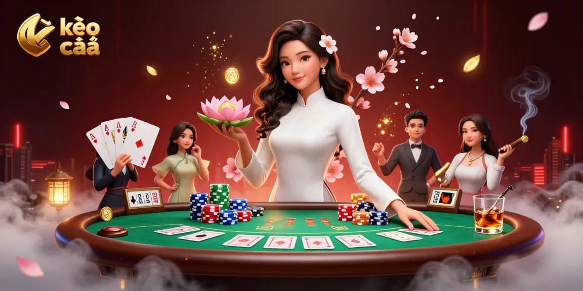 Excite in the game with kèo nhà cái as elegant Asian woman holds a lotus flower and golden coin amidst poker elements.