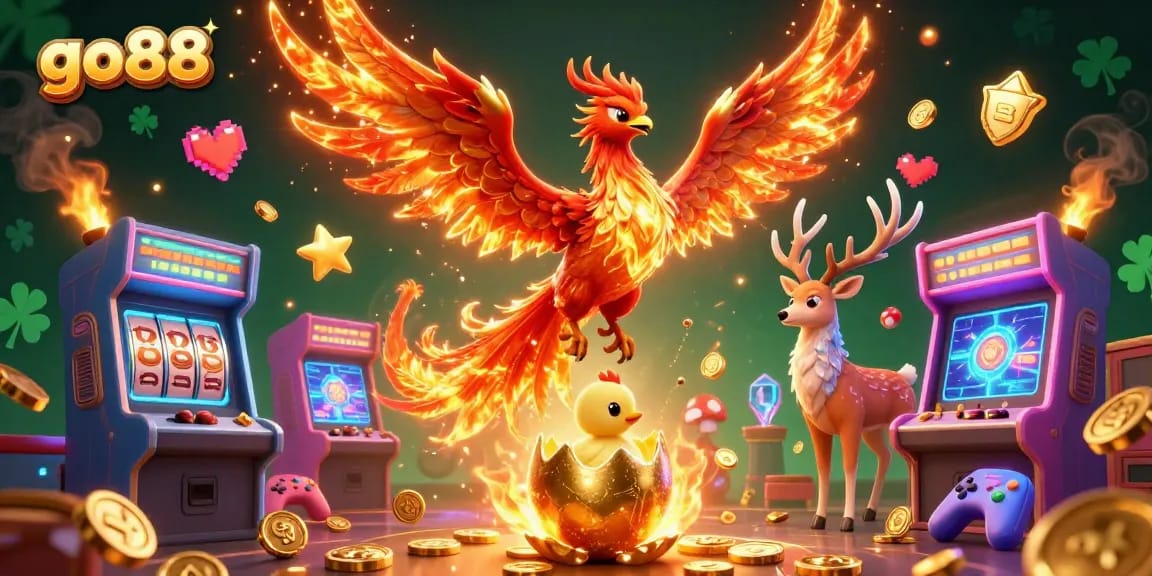 Experience the thrill of go88 with vibrant arcade machines and a phoenix in a thrilling casino scene.