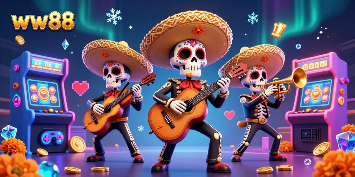 Experience the vibrant world of ww88 with a lively illustration of a skeleton mariachi band amidst colorful casino game elements.