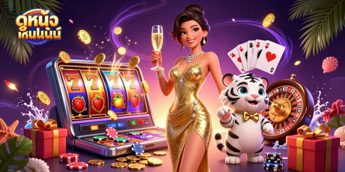 Experience ดูหนังออนไลน์ with a glamorous woman and lucky tiger cub amidst vibrant casino actions.