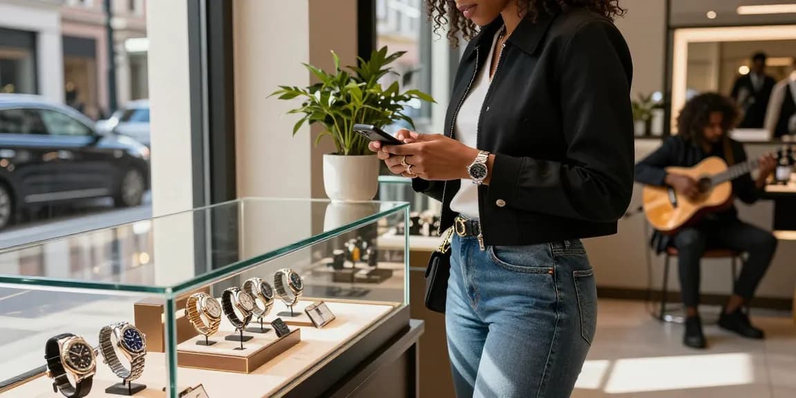 Fashion-conscious individual examining a luxury replica watch in an upscale boutique, showcasing the allure of high-quality timepieces.