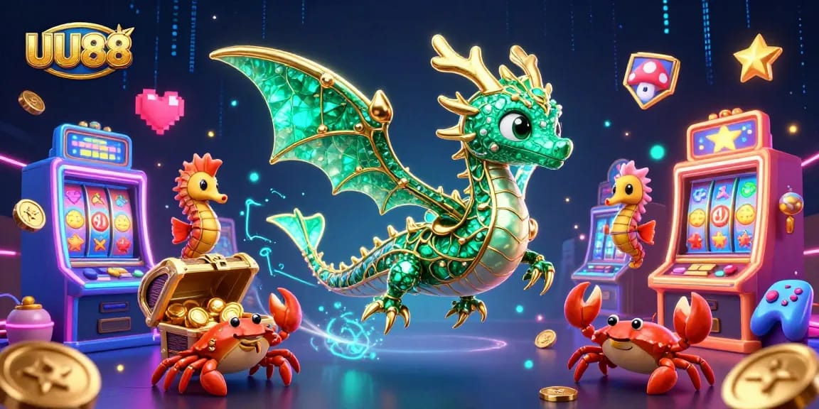 Engage in thrilling gameplay at UU88 with a vibrant sea dragon and treasure chest in action.