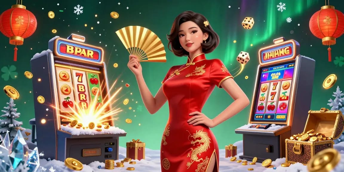 Tỷ lệ cá cược themed illustration showcasing Asian woman in traditional attire amidst casino elements, highlighting betting excitement.