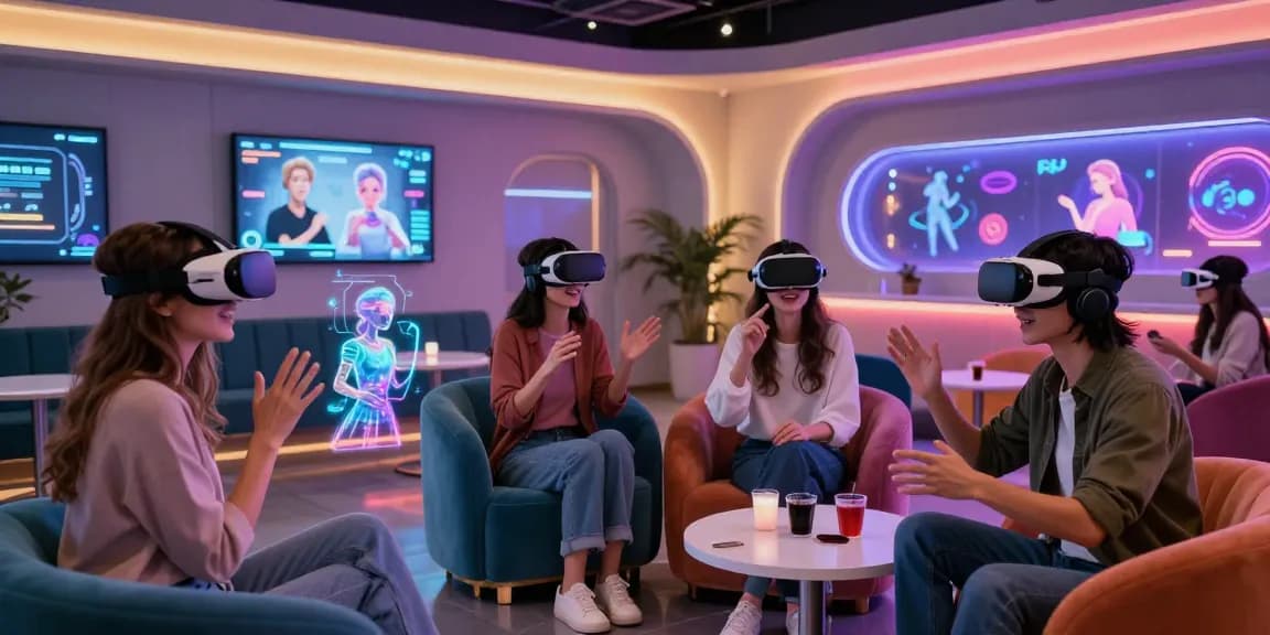 Interactive scene with users enjoying AI girlfriend conversations in a futuristic lounge.