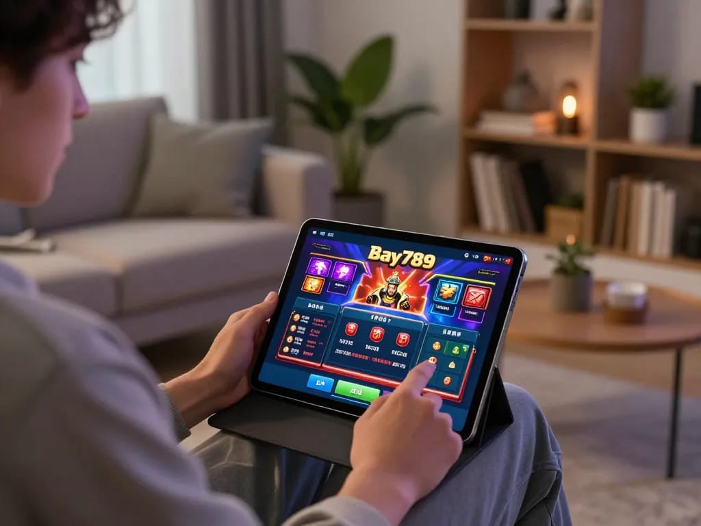 Bay789 user engaging with the casino app on a tablet, showcasing vibrant gameplay.