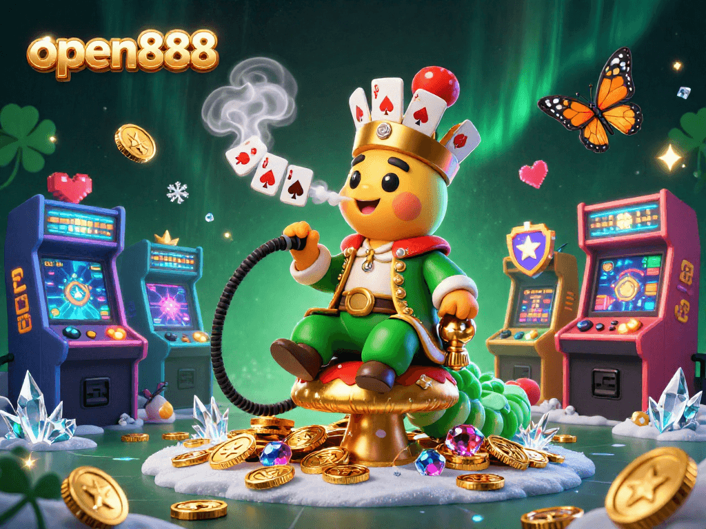 Engage with open888 and a vibrant 3D casino scene featuring a caterpillar gaming master.