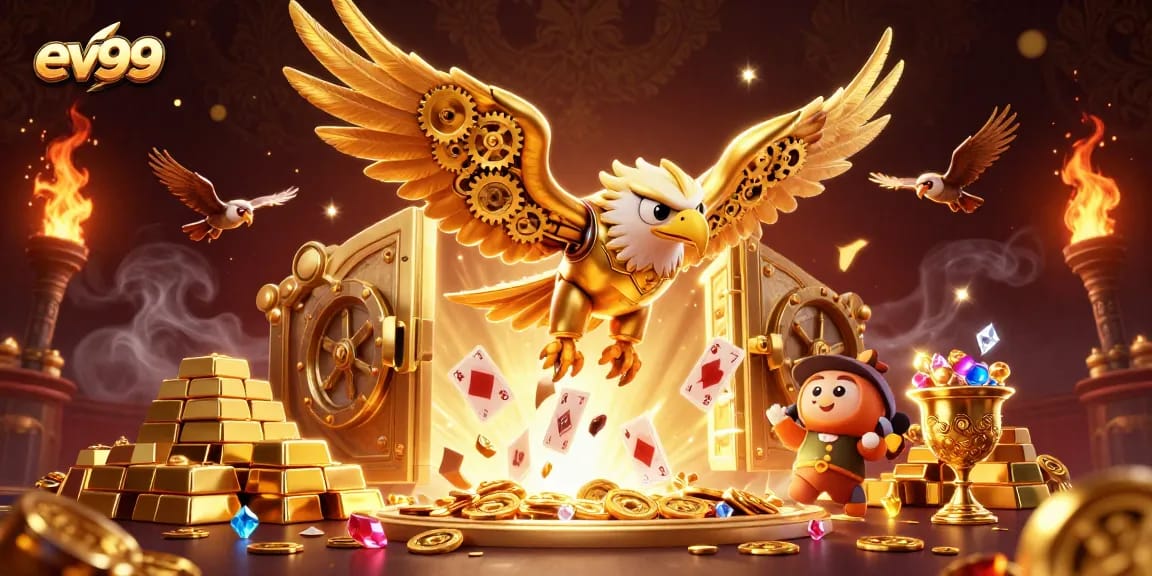 Experience immersive gaming with ev99's golden eagle soaring among riches and vibrant casino elements.