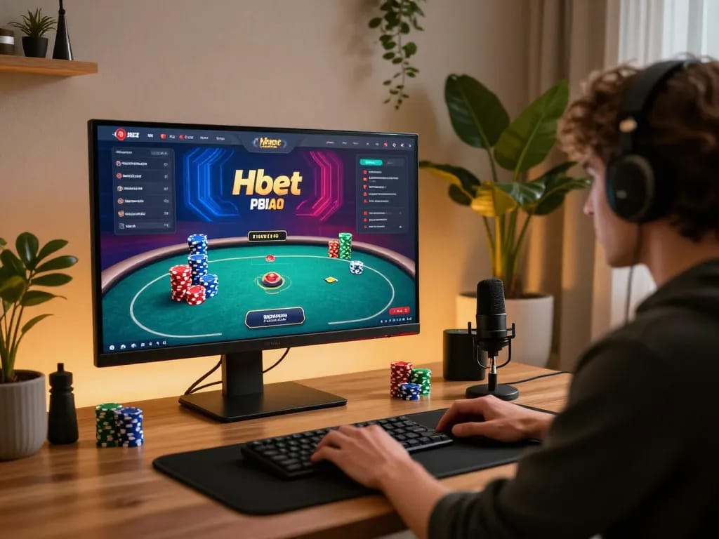 Person engaged in intense gameplay on Hbet poker interface with vibrant chips organized, showcasing a modern home gaming setup.