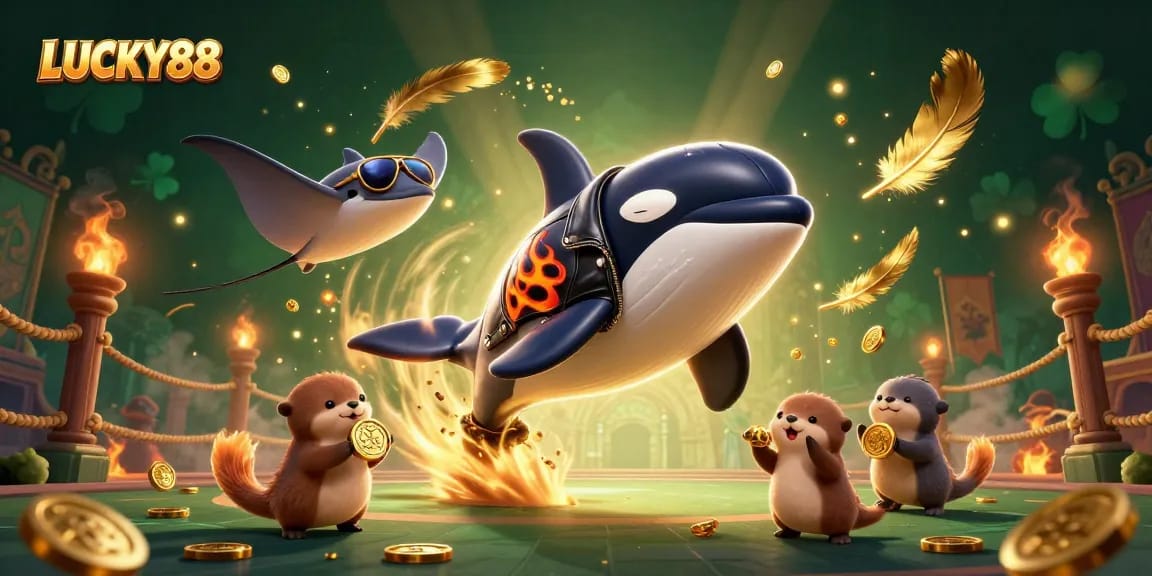 LUCKY88 brings excitement with a dynamic scene featuring unique sea creatures amid casino elements.