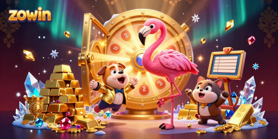 Zowin showcases excitement at a virtual casino game show with characters celebrating big wins and treasure.