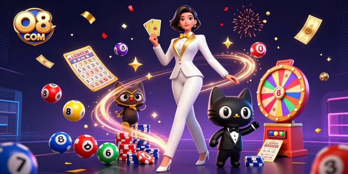 Experience thrilling gameplay at O8 COM with vibrant lottery balls and a glamorous dealer.