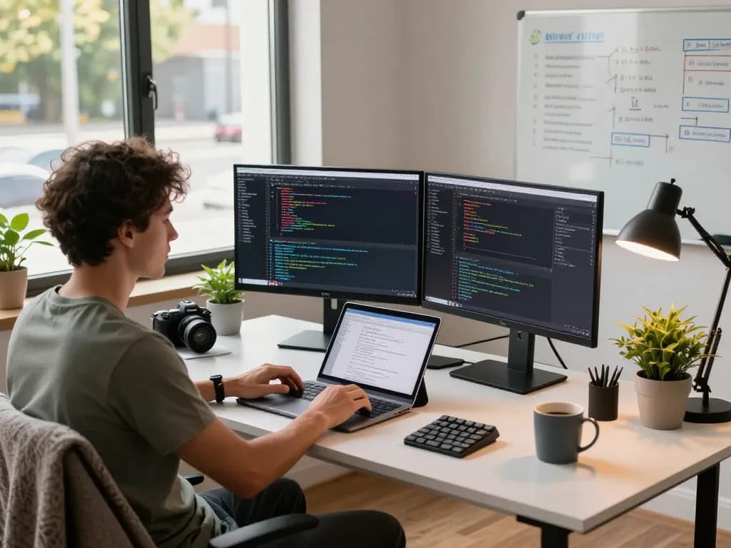 Moltbot mac setup in a modern workspace featuring dual monitors and a developer coding, creating a tech-savvy environment.
