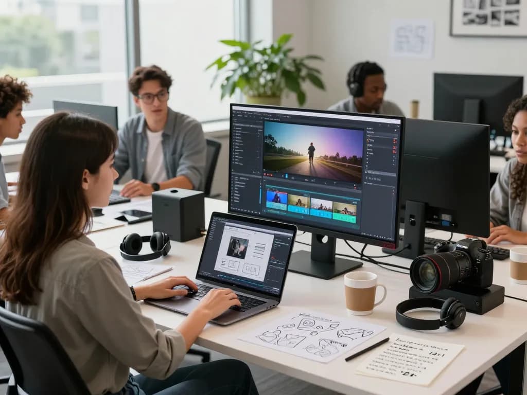 Team collaborating on Seedance 2.0 AI video projects in a modern tech workspace, showcasing innovative video editing.