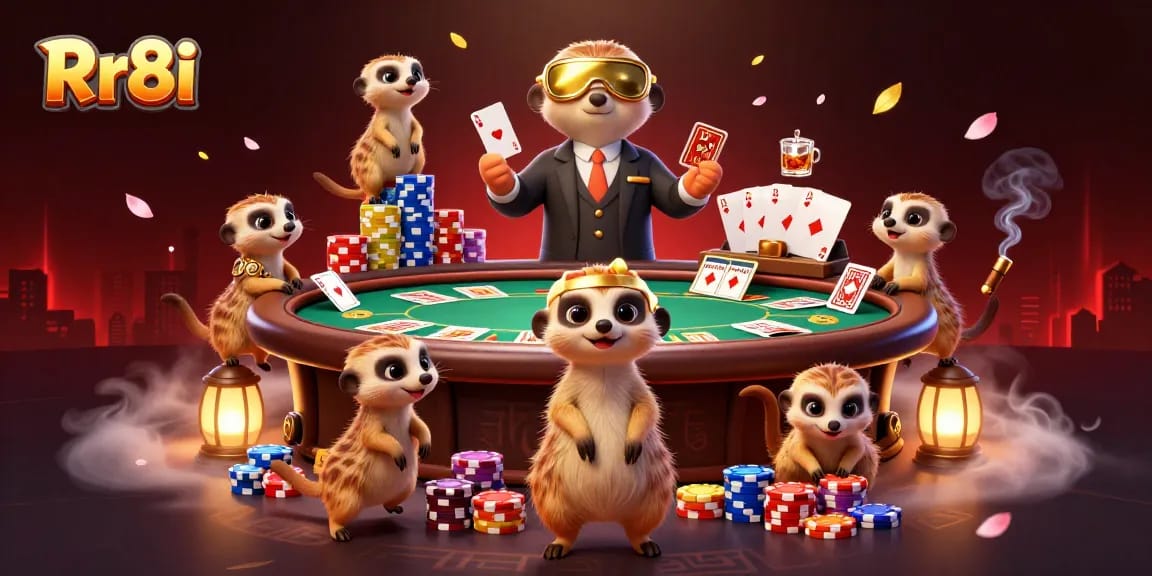 Engage in the vibrant casino world of Rr8i with cheerful meerkats running games and counting chips.