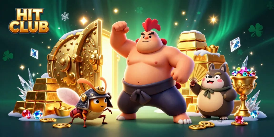 Join the HIT CLUB with vibrant games and treasures awaiting in this dynamic casino scene.