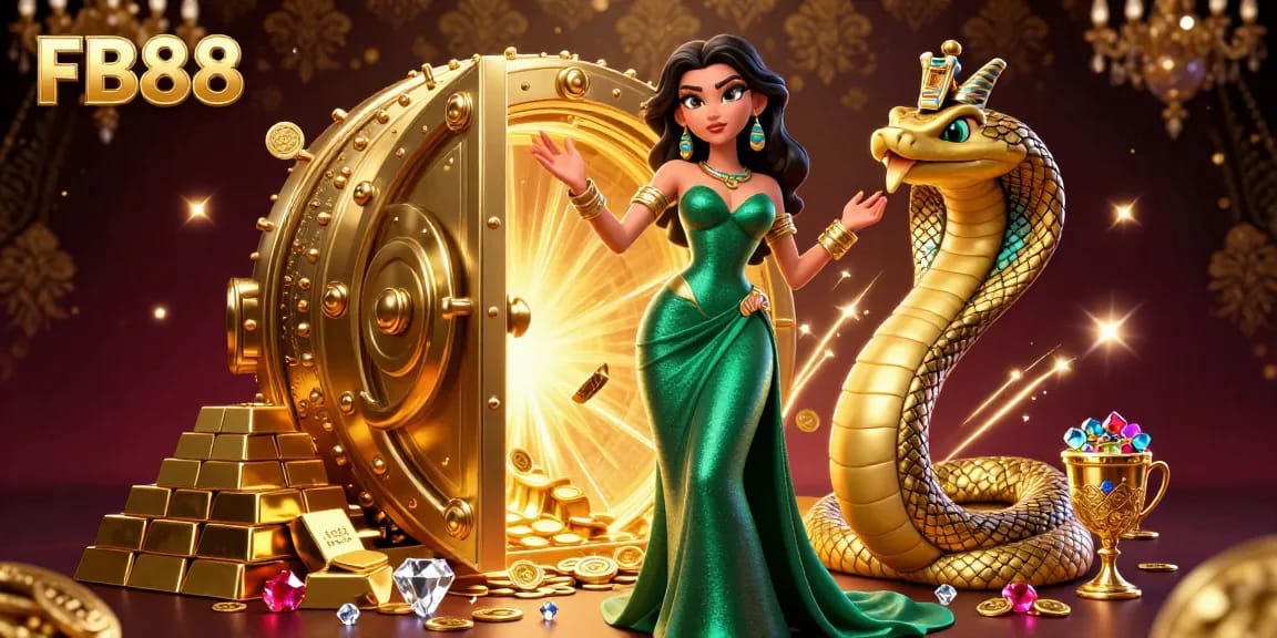 Join the thrilling world of FB88 with a glamorous casino scene featuring a woman in an emerald gown and her golden cobra.