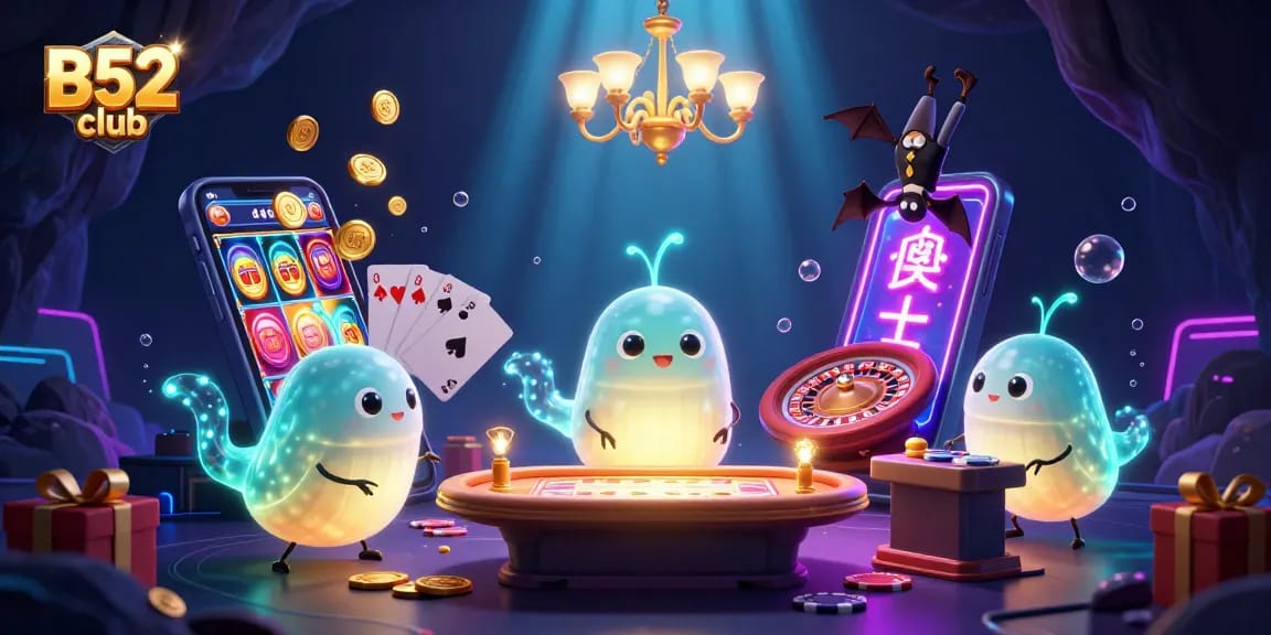 B52club shines in a vibrant casino scene with glowing glowworms, slots, and a bat dealer.
