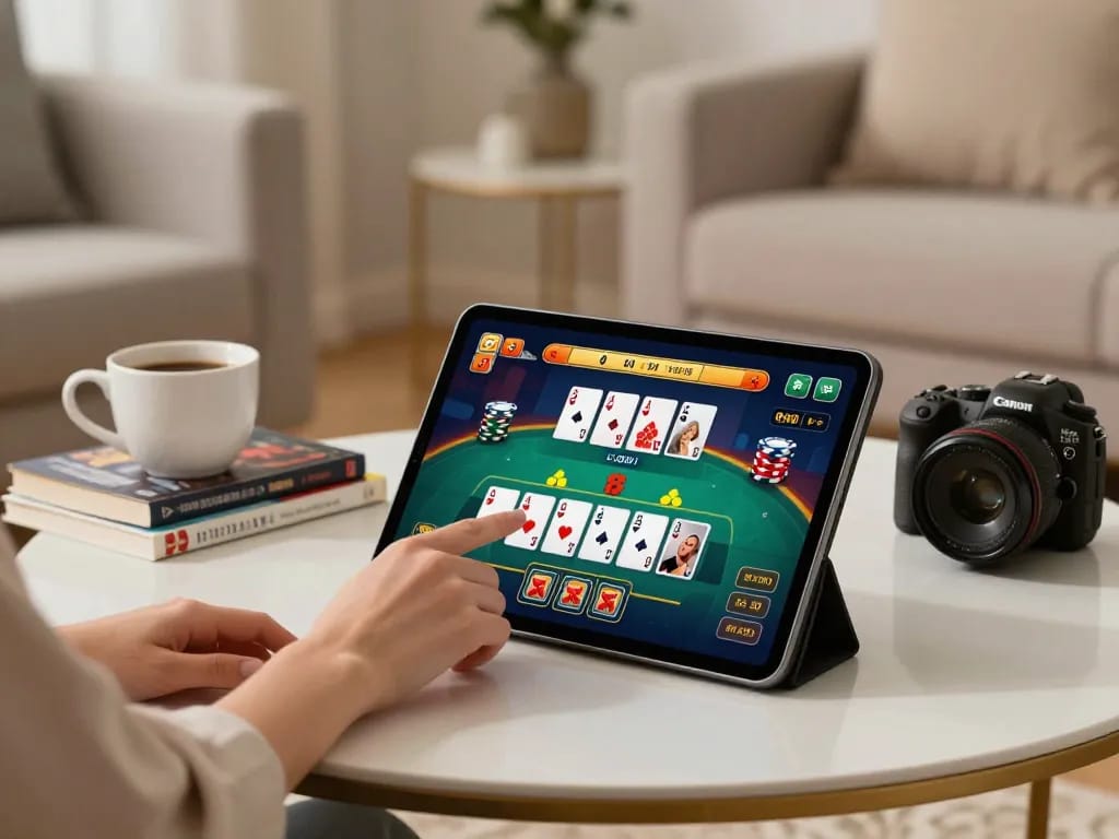 Player engaging with a digital poker game on XX88's platform from a cozy home setting