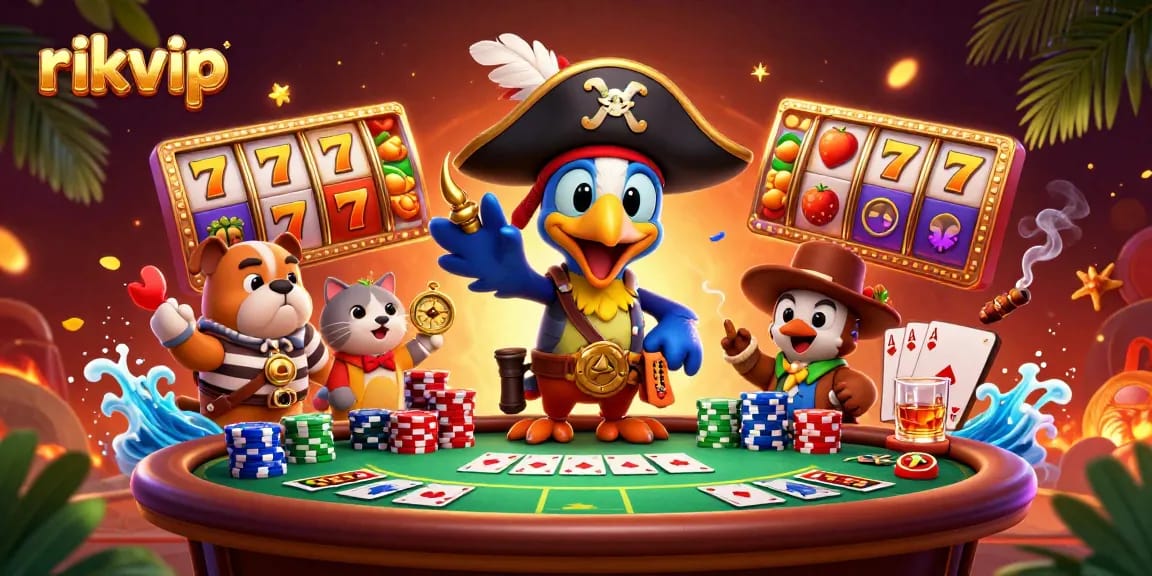 Experience thrilling gambling excitement with rikvip in this vibrant 3D casino scene featuring slots and poker elements.