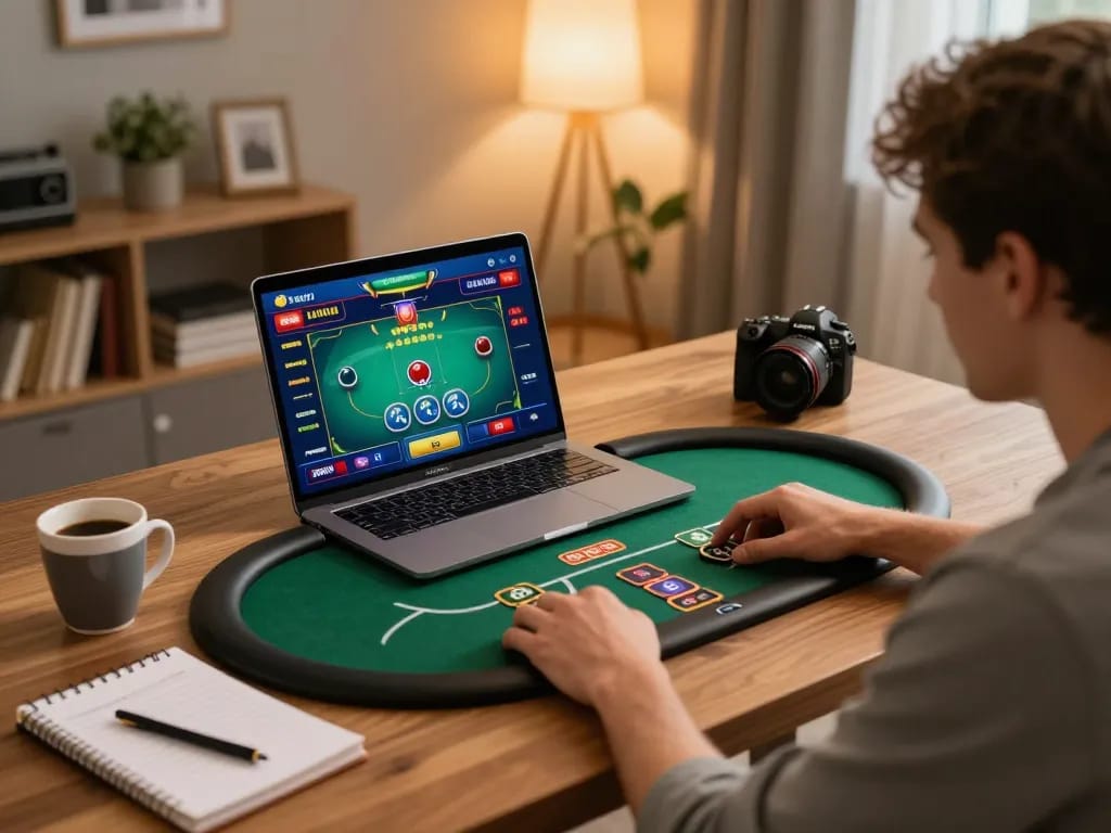 Player engaging in a strategic online poker game on sc88hd platform in a cozy home setting