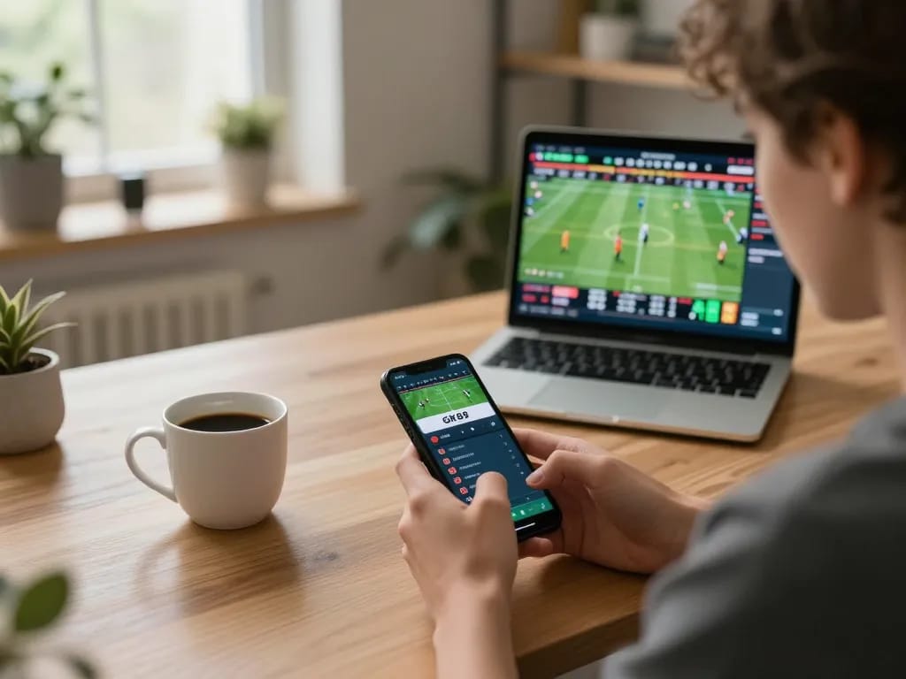 Engaging in GK88 sports betting on smartphone in cozy home office atmosphere