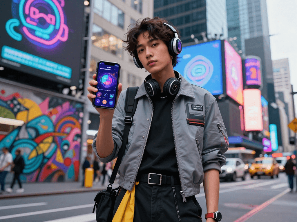 A confident individual showcasing AI-themed fashion and apps in a vibrant urban setting, embodying the essence of ai slut culture.