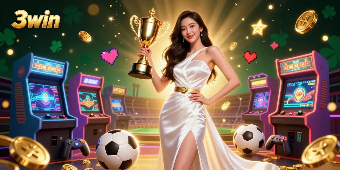 Win big with 3win's immersive casino gaming experience, featuring vibrant characters and golden trophy.