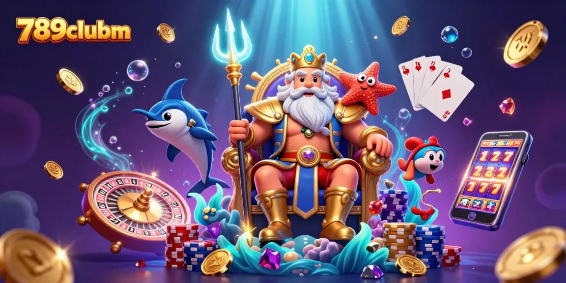 Play and win at 789clubm with Neptune surrounded by golden treasures and thrilling casino elements.