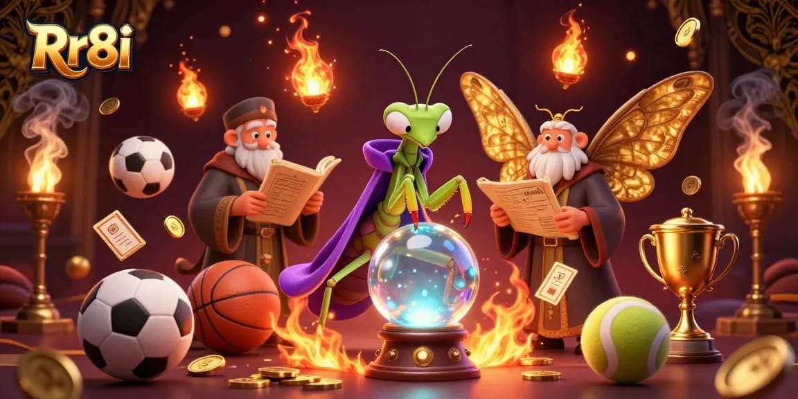 Engage with Rr8i as the cartoon fortune teller and wise moth provide betting insights surrounded by dynamic gaming elements.