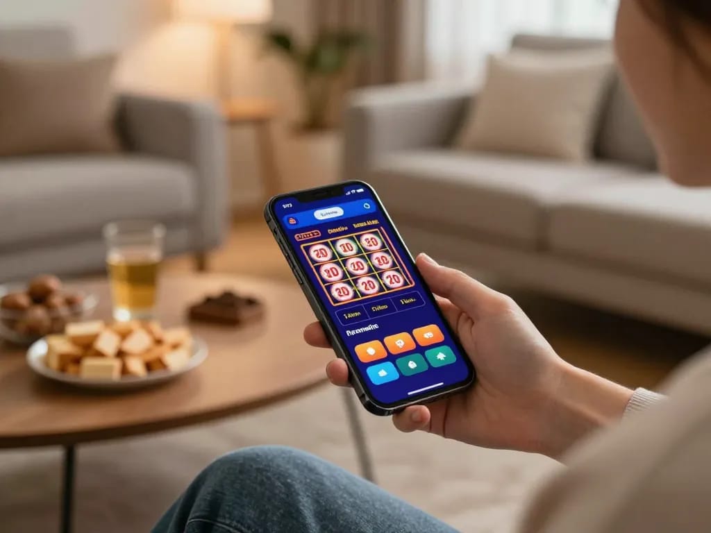 Engaging in mobile gaming on vt88 app, showcasing vibrant betting options and relaxed home atmosphere.