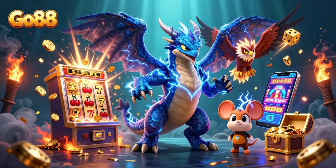 Experience the excitement at Go88 with a vibrant, dynamic casino gaming scene featuring slot machines and magical creatures.
