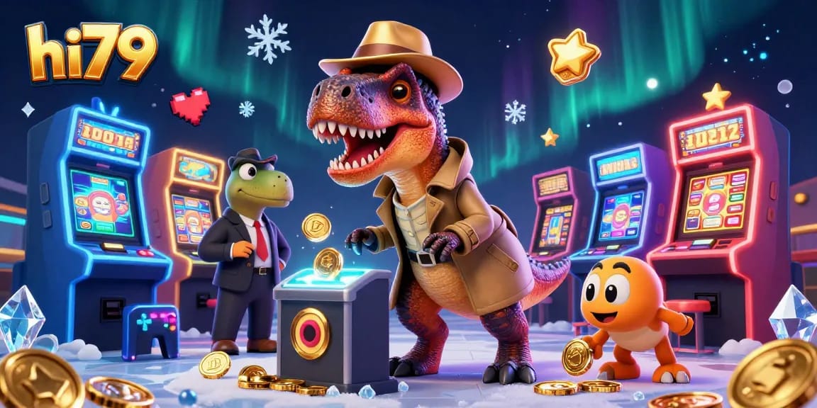 hi79 velociraptor attempts to win at slots while a suspicious stegosaurus looks on, featuring rich casino details.