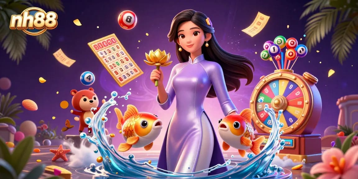 Experience the excitement of nh88 with vibrant lottery elements, a captivating character, and dynamic casino visuals.