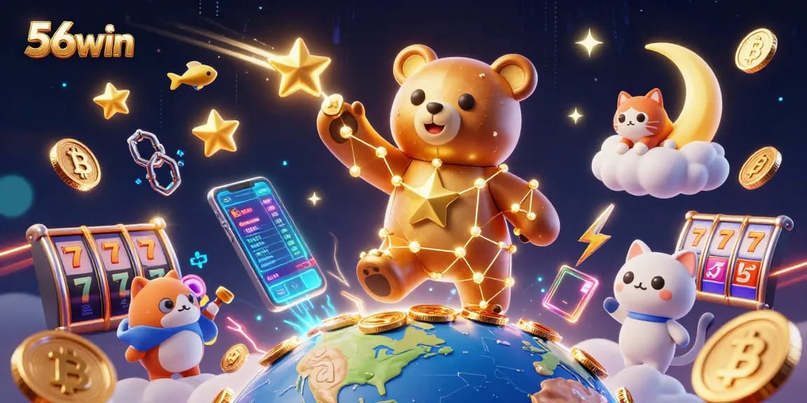 Experience the thrill of 56win as the constellation bear scoops coins in a vibrant casino scene.