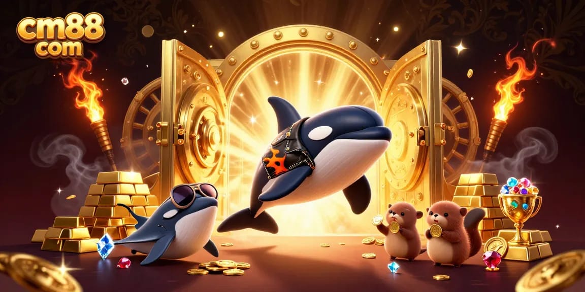 Experience thrilling wins at cm88 com with an engaging illustration of cartoon sea creatures celebrating with treasures.