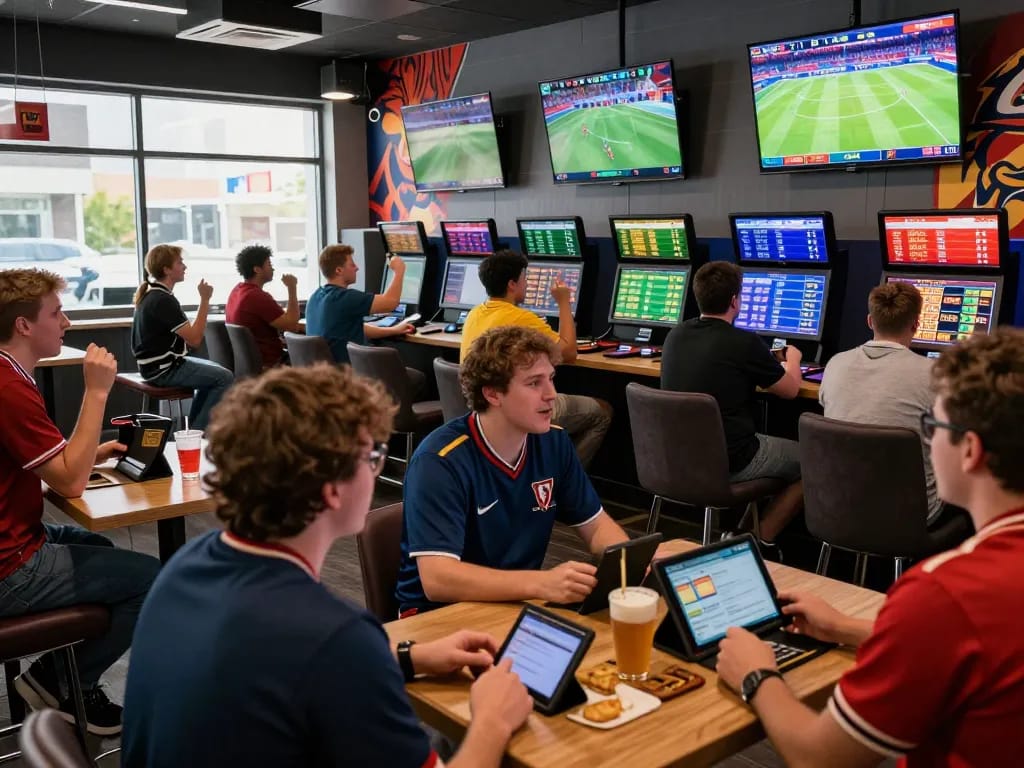 Fans enjoying sports betting at the vibrant rikbet lounge, showcasing excitement and team spirit.