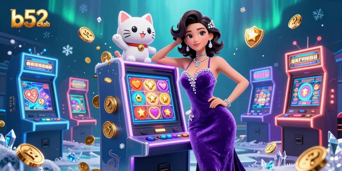 B52club presents a vibrant 3D casino scene where a glamorous woman celebrates a jackpot at a slot machine.
