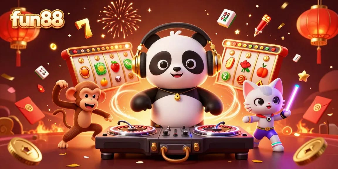 Experience thrilling fun88 casino action with a vibrant 3D party scene highlighting spinning slot reels and animated characters.
